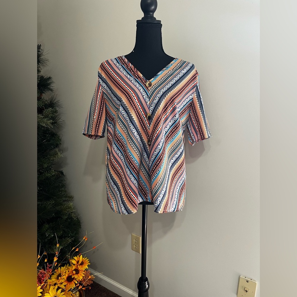 Trendy Multicolor Striped Women's Blouse L